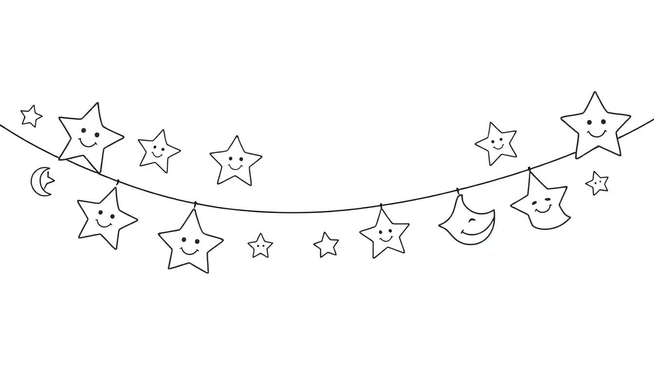 Placa de color de una guirnalda de estrellas y lunas sonrientes.