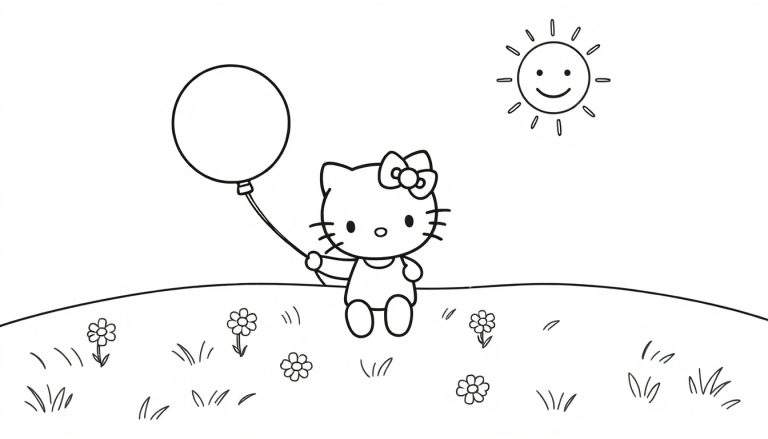 Placa de color de Hello Kitty jugando con un globo bajo el sol.