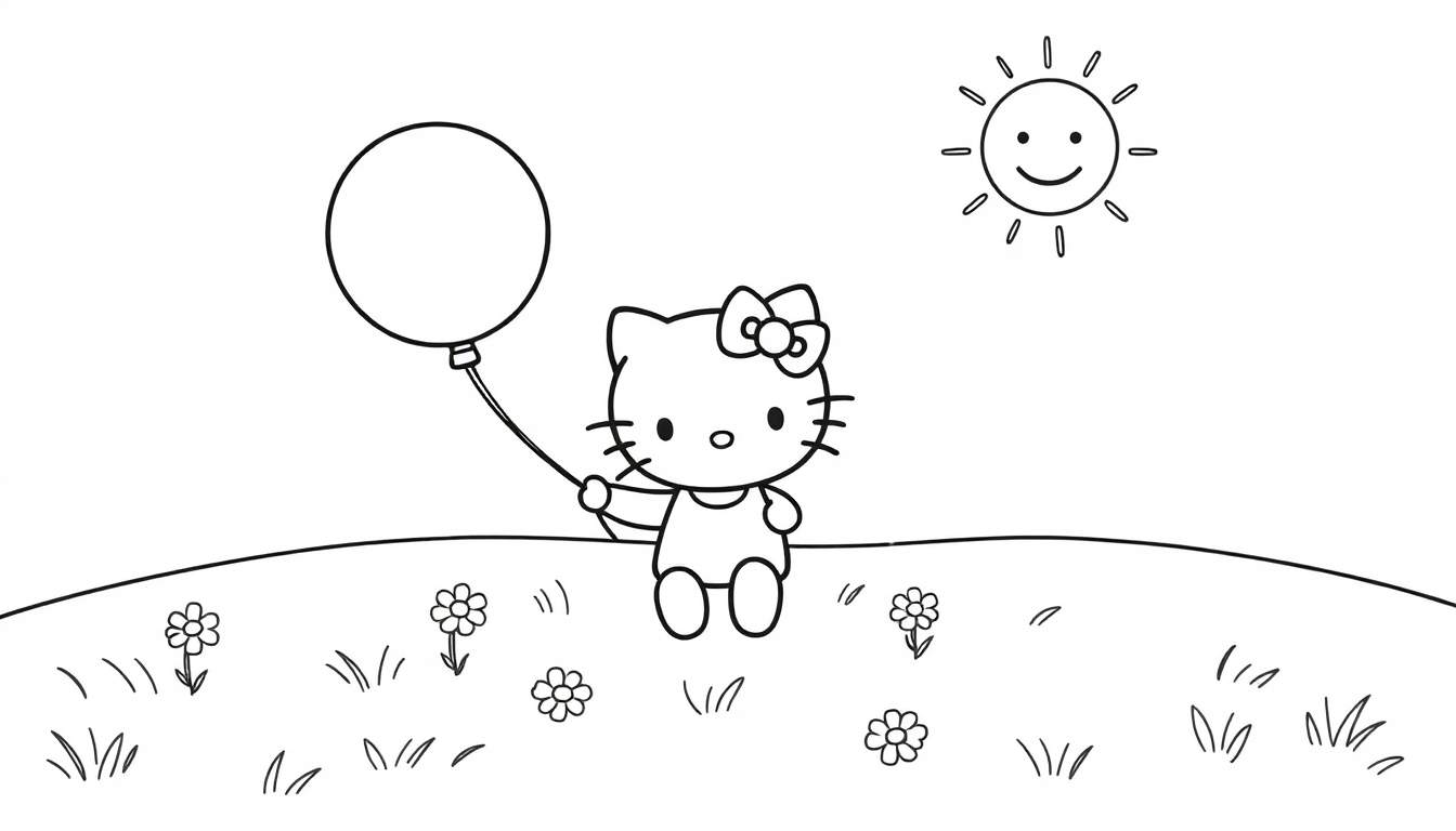 Placa de color de Hello Kitty jugando con un globo bajo el sol.