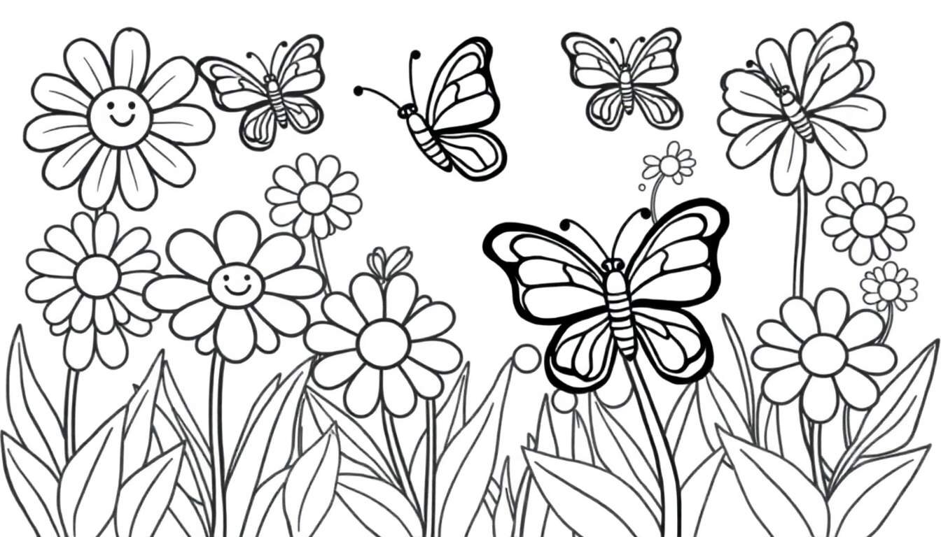 Placa de color de un jardín con flores sonrientes y mariposas.
