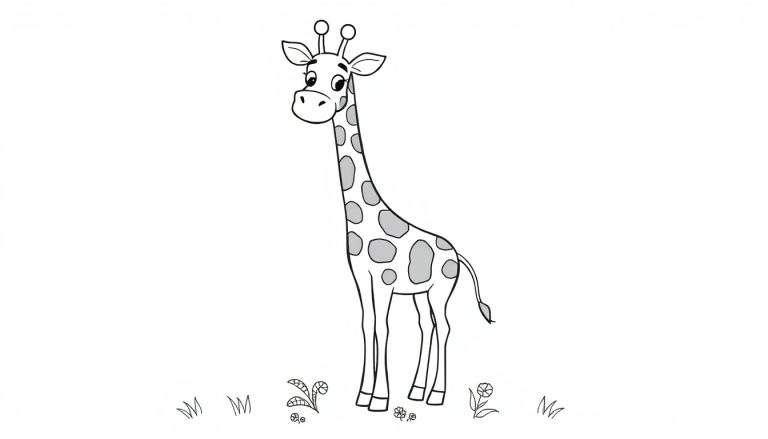 Una jirafa de dibujos animados de línea negra esperando para ser coloreada en una placa de color.