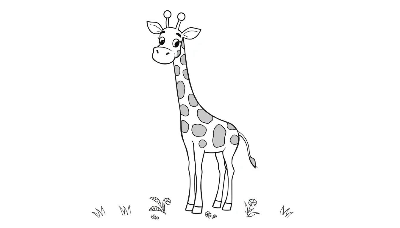 Una jirafa de dibujos animados de línea negra esperando para ser coloreada en una placa de color.