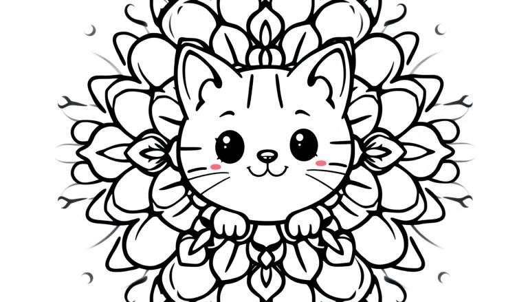 Una placa de color para colorear con un gato kawaii rodeado de flores.