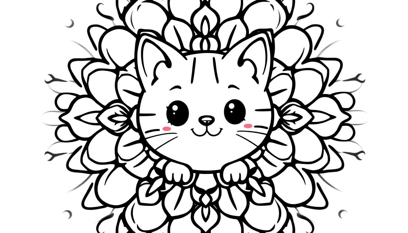 Una placa de color para colorear con un gato kawaii rodeado de flores.
