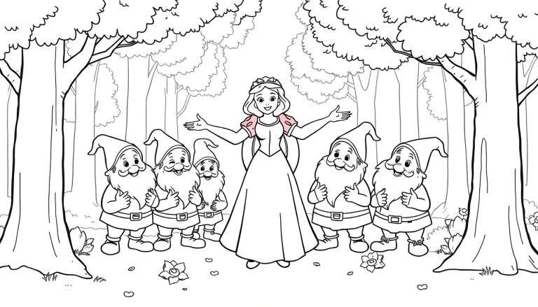 Placa de color de Blancanieves y cinco enanitos sonriendo en el bosque.