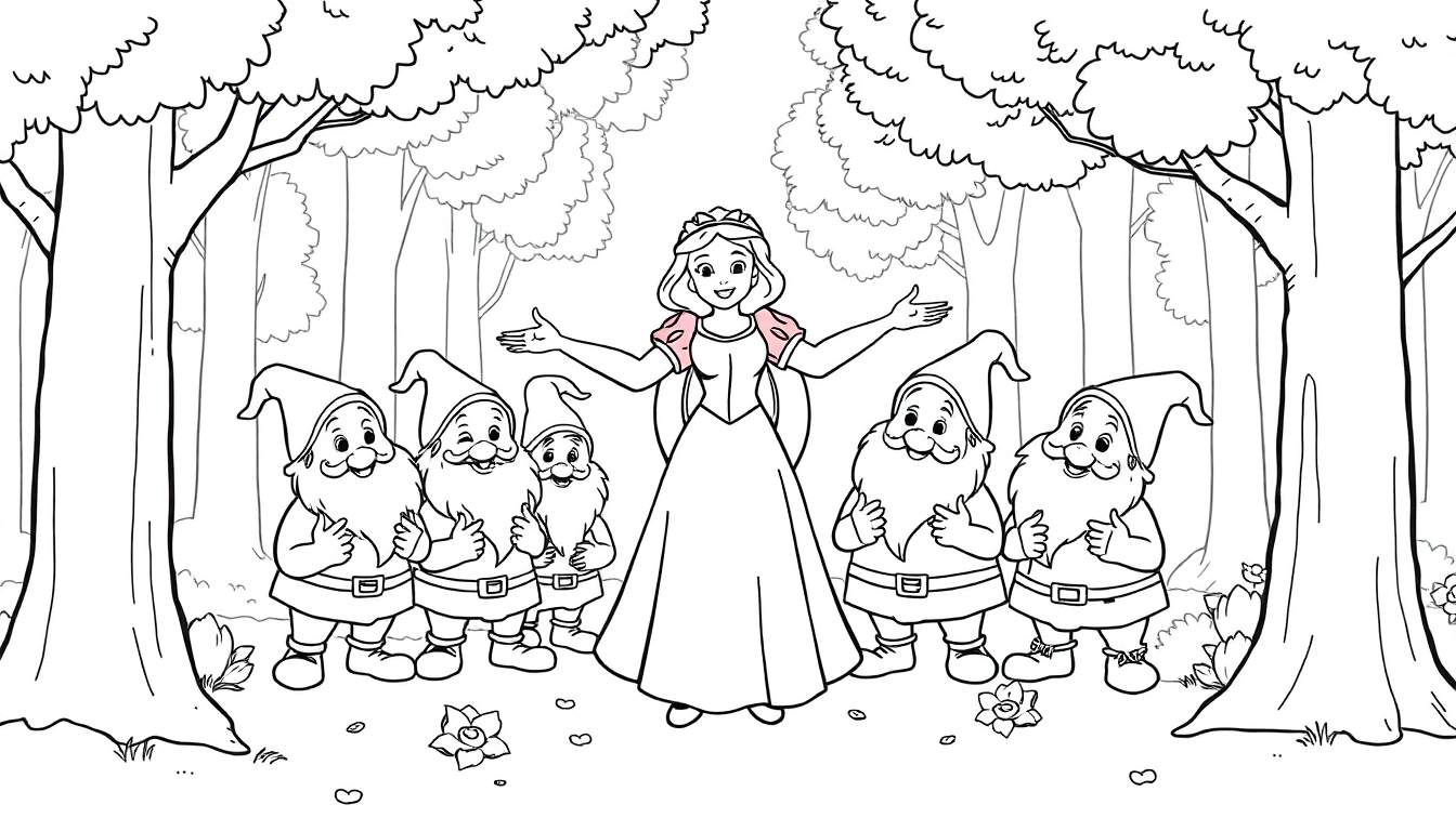 Placa de color de Blancanieves y cinco enanitos sonriendo en el bosque.
