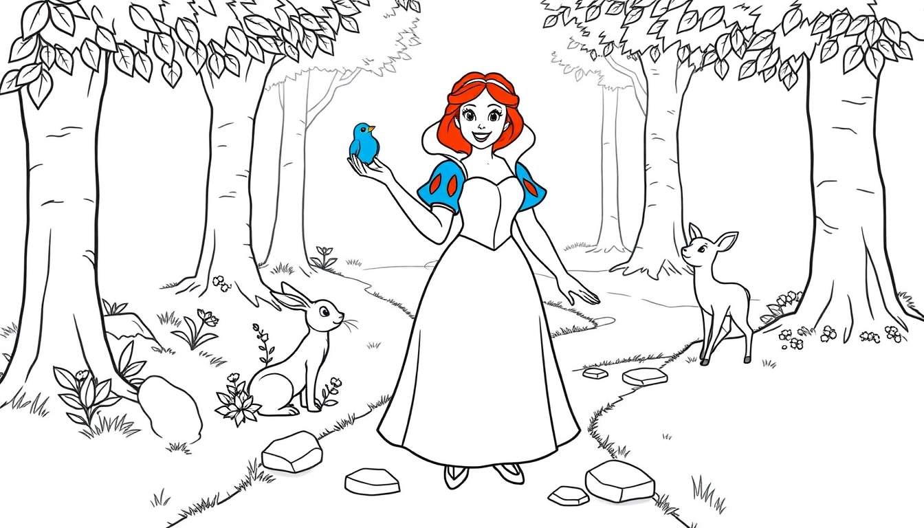 Placa de color de Blancanieves en el bosque con animales.