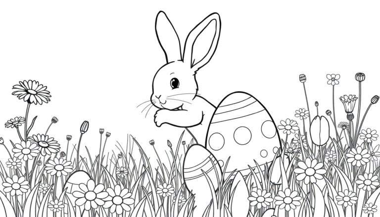 Placa de color: Conejito de Pascua buscando huevos.