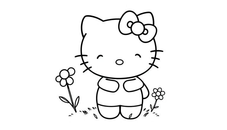 Placa de color de Hello Kitty sonriendo con un lazo, rodeada de flores.