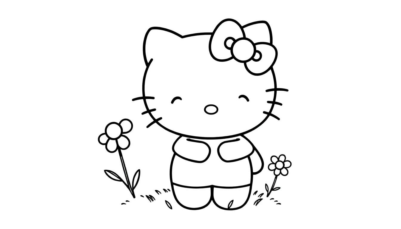 Placa de color de Hello Kitty sonriendo con un lazo, rodeada de flores.
