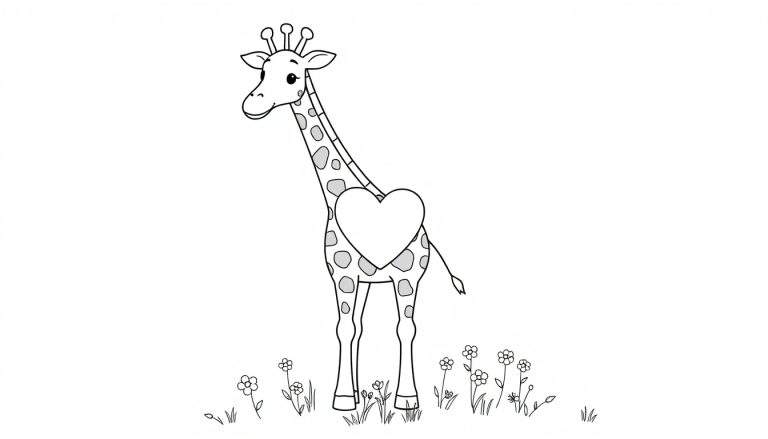 Una placa de color de una jirafa amigable con un corazón en blanco y negro.