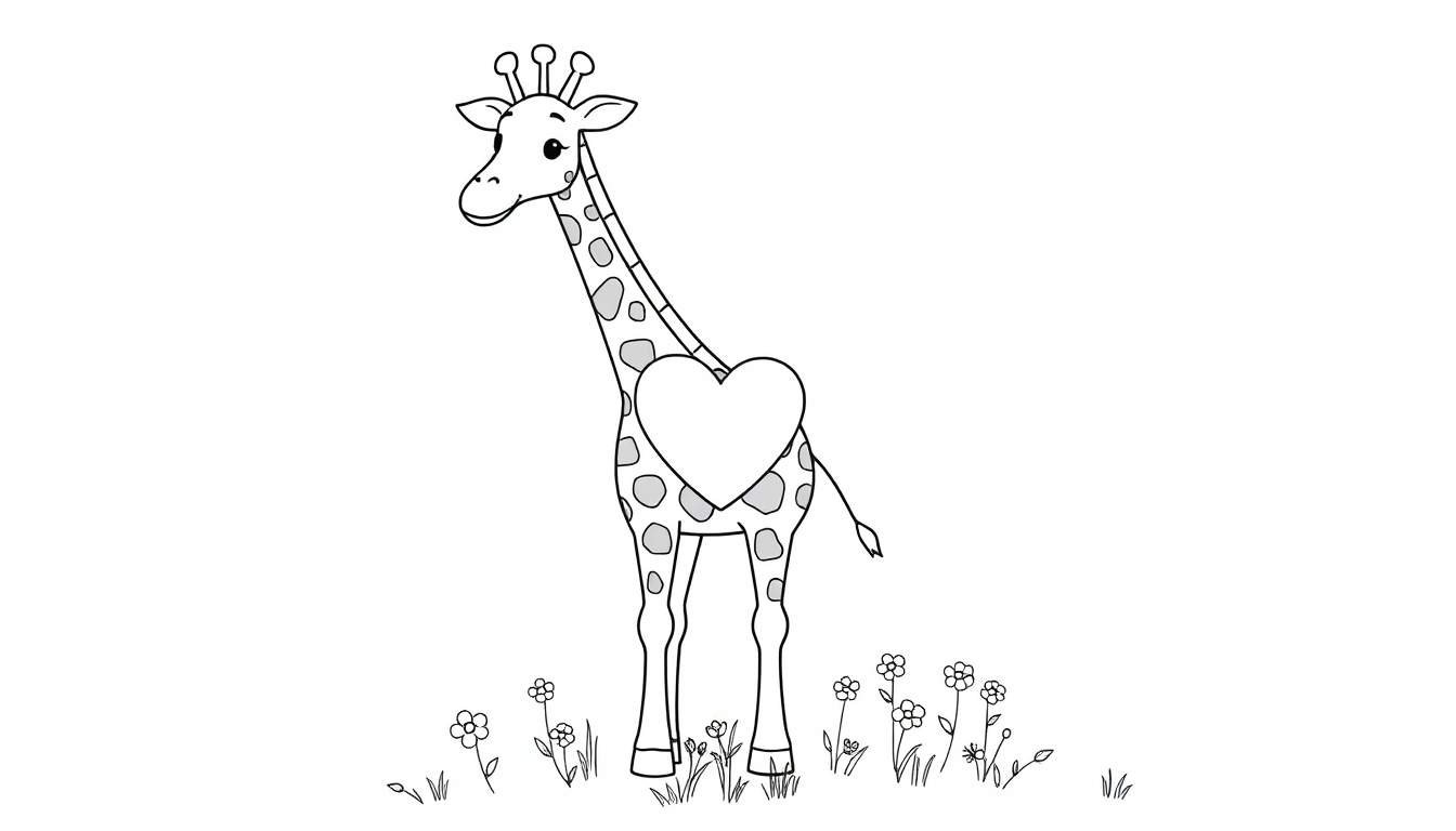 Una placa de color de una jirafa amigable con un corazón en blanco y negro.