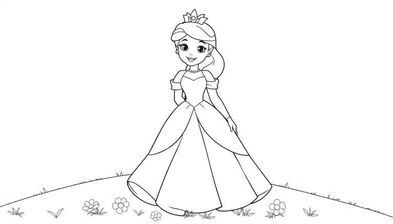 Una princesa de dibujos animados sonriente con un vestido y corona, sobre un campo de flores para colorear en una placa de color.