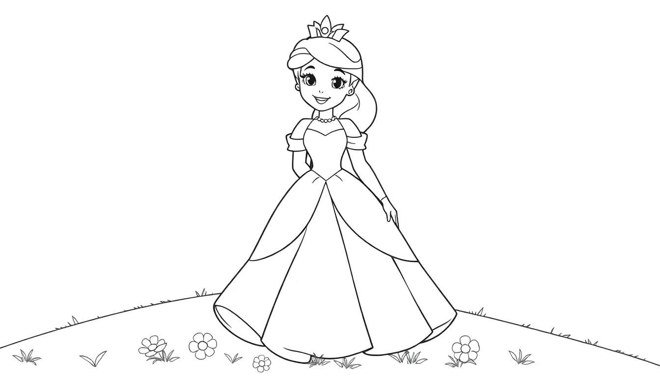 Una princesa de dibujos animados sonriente con un vestido y corona, sobre un campo de flores para colorear en una placa de color.