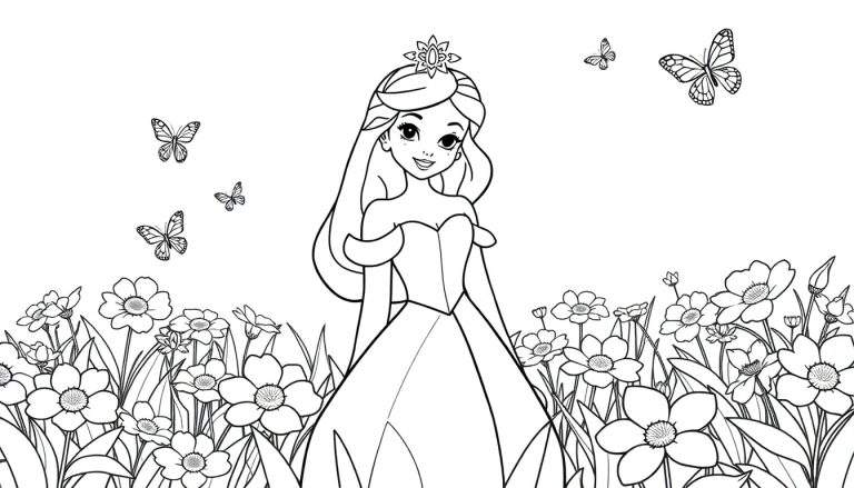 Placa de color de una princesa Disney sonriendo rodeada de flores y mariposas.