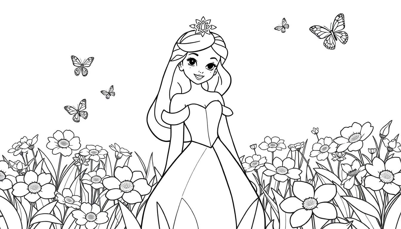 Placa de color de una princesa Disney sonriendo rodeada de flores y mariposas.