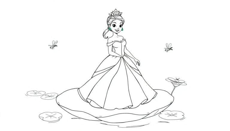 Placa de color de la princesa Tiana en una hoja de nenúfar con libélulas.
