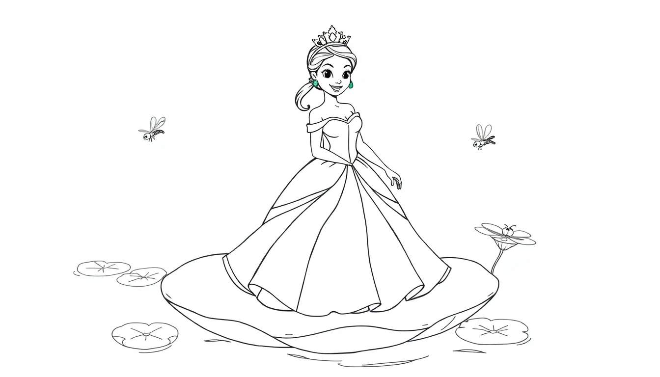 Placa de color de la princesa Tiana en una hoja de nenúfar con libélulas.