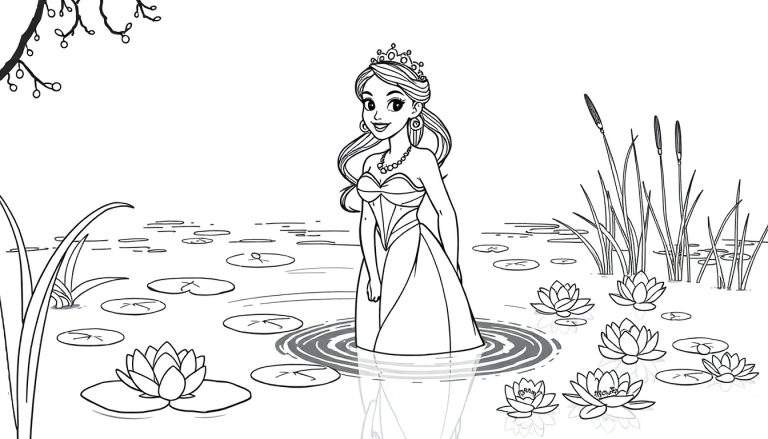 Placa de color de Tiana sonriendo en un pantano con luciérnagas y flores.