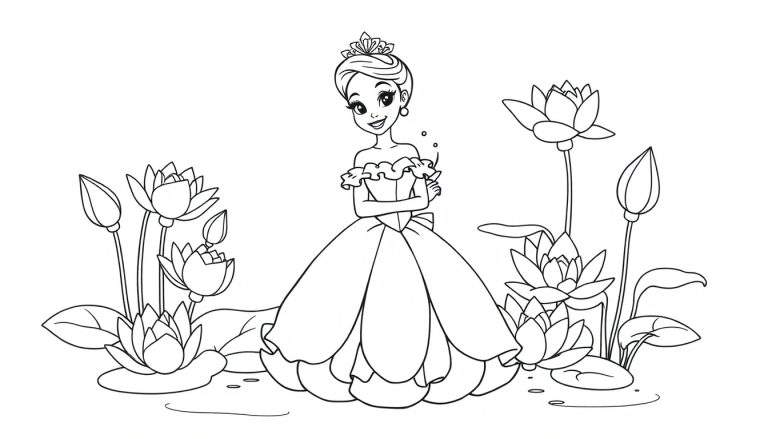 Placa de color de la Princesa Tiana con lirios de agua.