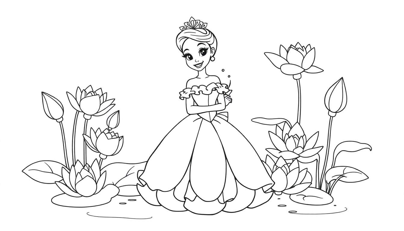 Placa de color de la Princesa Tiana con lirios de agua.