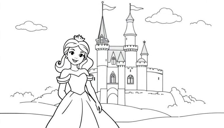 Placa de color de una princesa sonriente frente a un castillo.