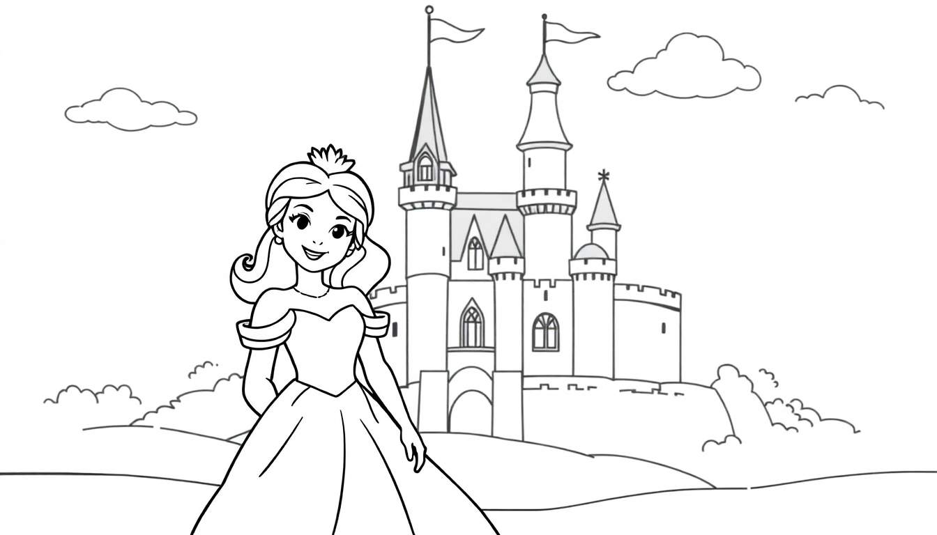 Placa de color de una princesa sonriente frente a un castillo.