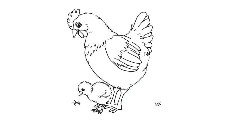 Placa de color de gallina y pollito listos para colorear.