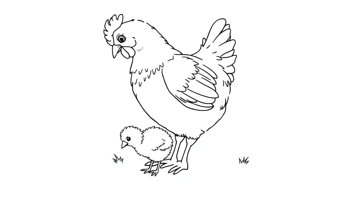 Placa de color de gallina y pollito listos para colorear.