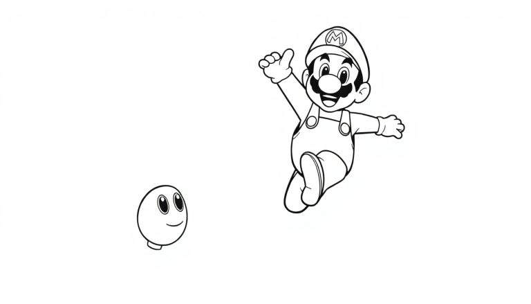 Una página para colorear en blanco y negro de Mario saltando con un Goomba sonriente.