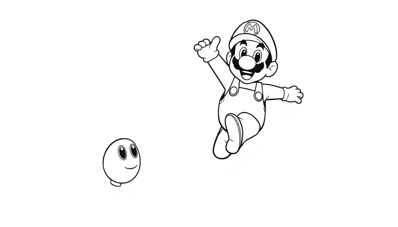Una página para colorear en blanco y negro de Mario saltando con un Goomba sonriente.