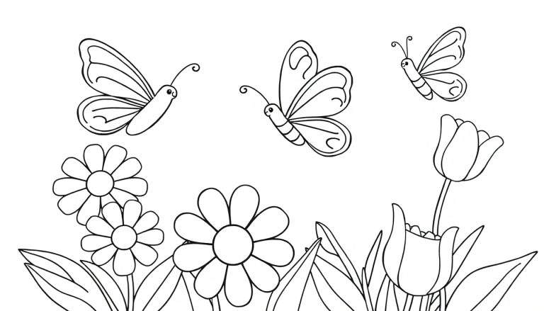 Placa de color con mariposas y flores para colorear.