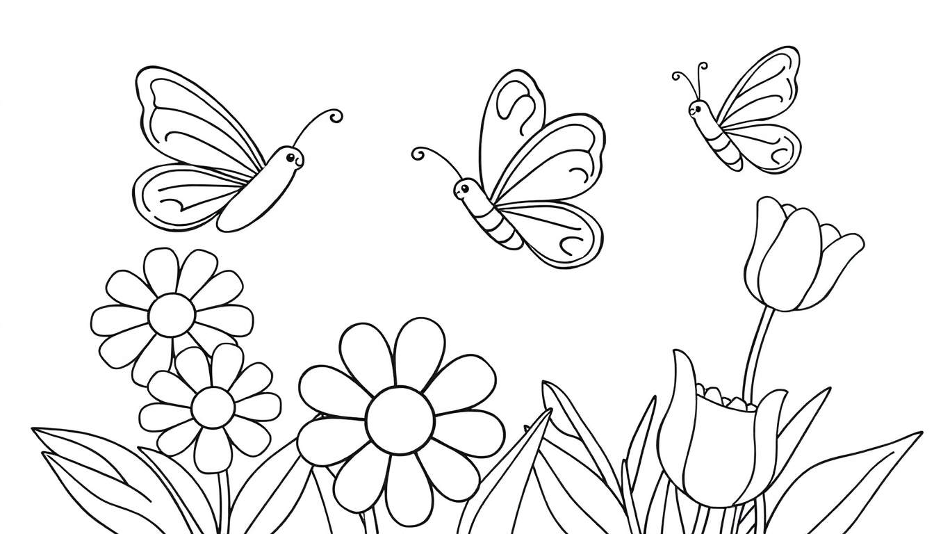 Placa de color con mariposas y flores para colorear.