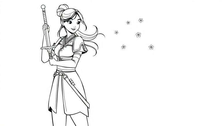Placa de color de Mulan, la valiente guerrera, lista para la aventura, con una espada en alto y flores al fondo.