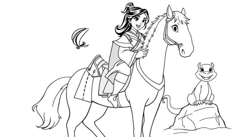 Placa de color de Mulán en un caballo con Mushu