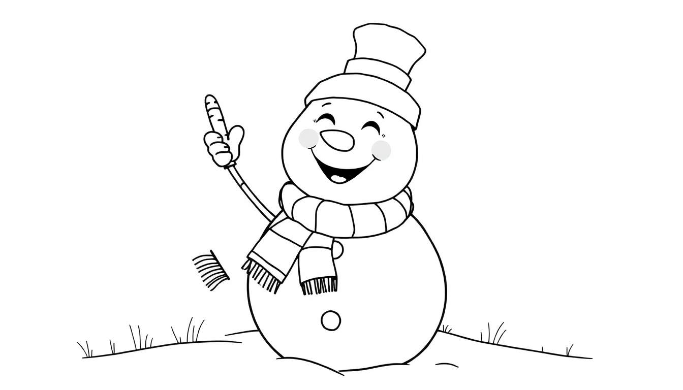 Placa de color de un muñeco de nieve sonriente con bufanda y sombrero a rayas.