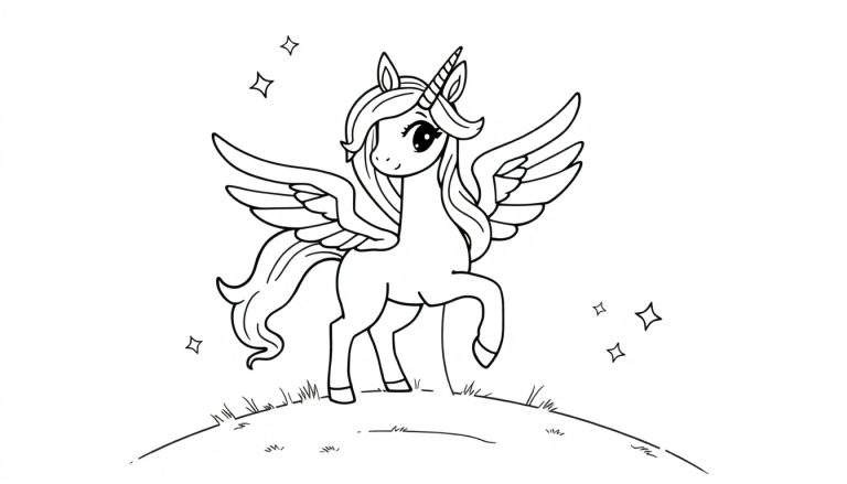 Placa de color para colorear: unicornio alado volando sobre una colina con estrellas.