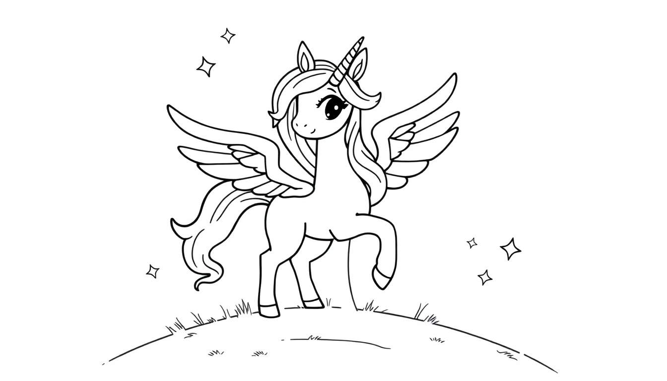 Placa de color para colorear: unicornio alado volando sobre una colina con estrellas.