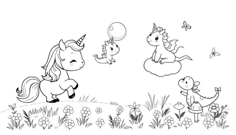 Placa de color con unicornio y dragones adorables en un mundo de fantasía.