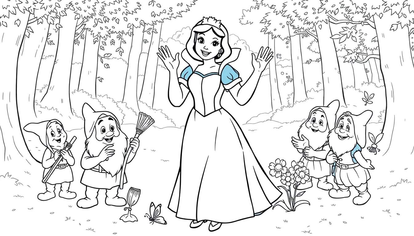 Blancanieves y los enanitos en un bosque, lista para una placa de color.