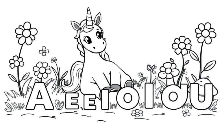 Placa de color de un lindo unicornio sentado entre flores con el texto 'Aeiolou'.
