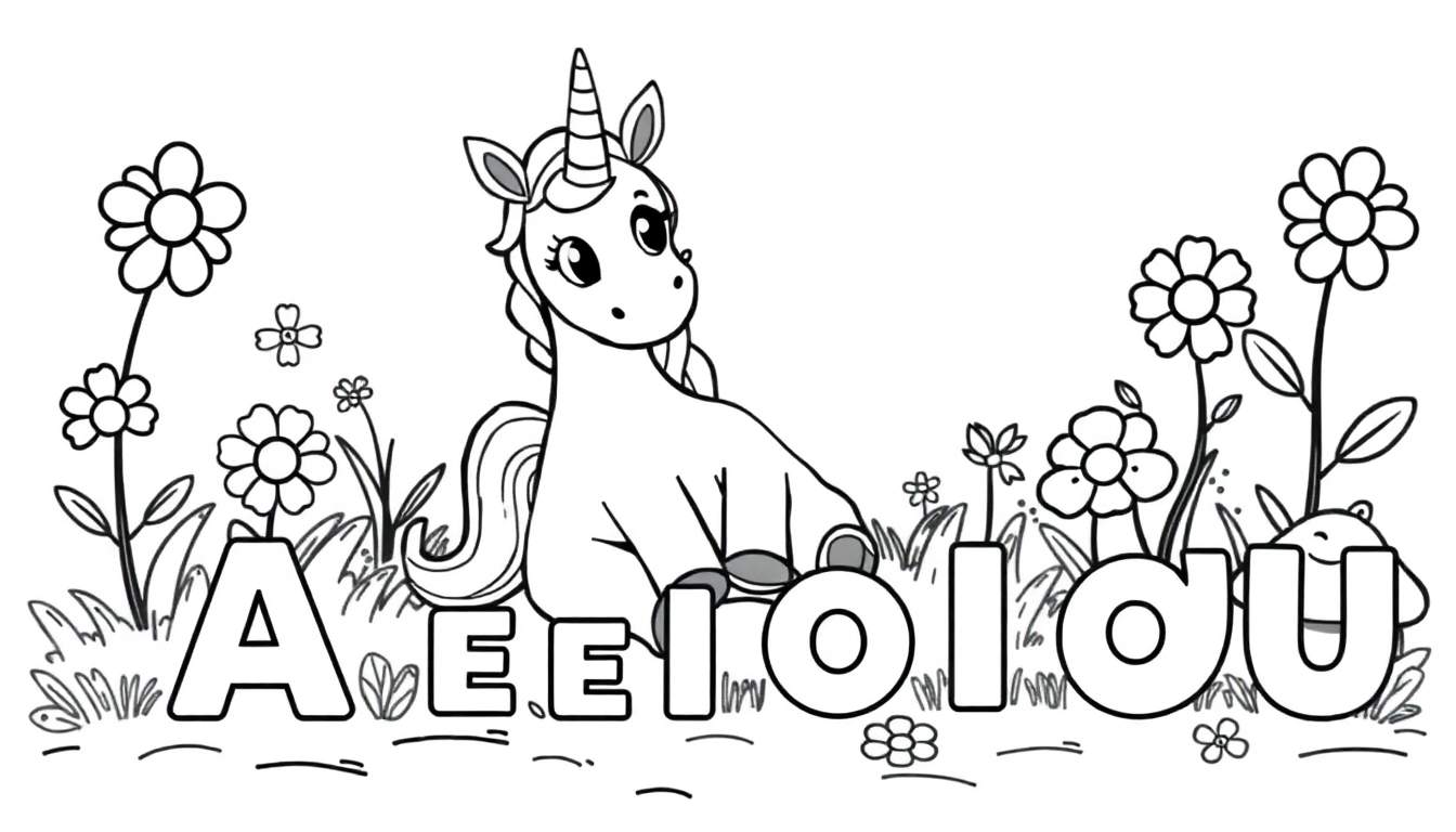 Placa de color de un lindo unicornio sentado entre flores con el texto 'Aeiolou'.