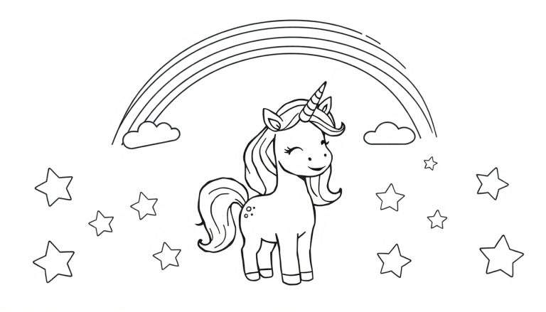 Placa de color de un unicornio caricaturesco con un arcoíris y estrellas.