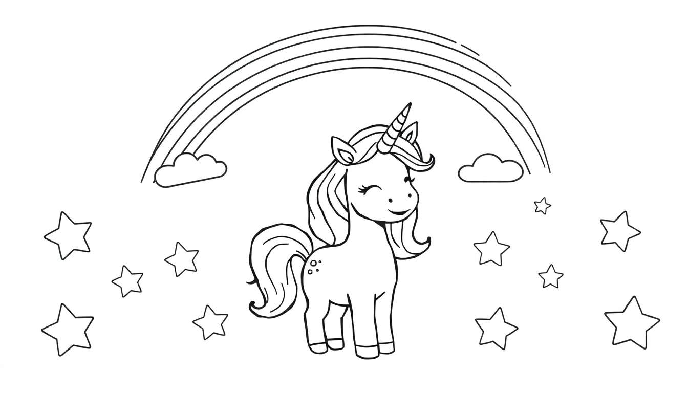 Placa de color de un unicornio caricaturesco con un arcoíris y estrellas.