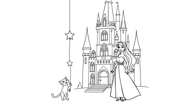 Página para colorear de Barbie soñando con un castillo mágico con un gatito, lista para añadir color a la placa de color.