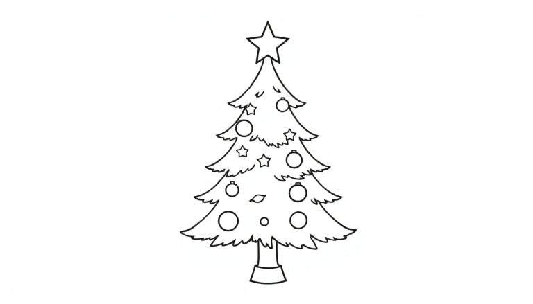 Placa de color de un árbol de Navidad para colorear con adornos y estrella.