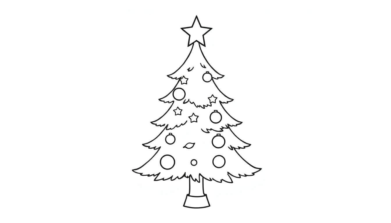 Placa de color de un árbol de Navidad para colorear con adornos y estrella.