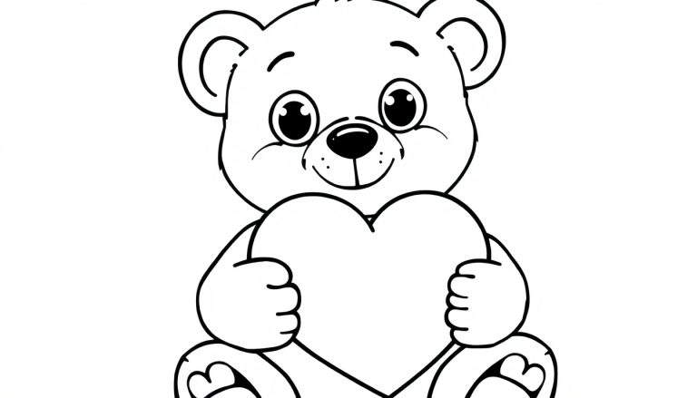 Placa de color de un oso de peluche tierno abrazando un corazón rojo grande con ambas patas.
