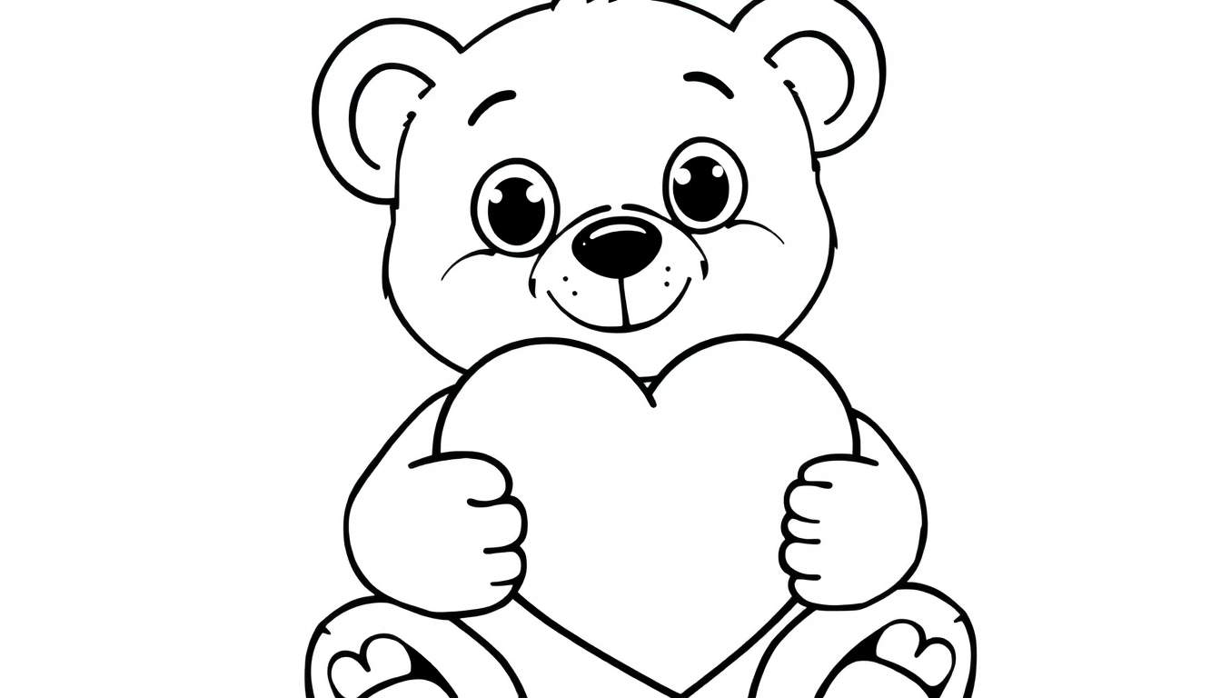 Placa de color de un oso de peluche tierno abrazando un corazón rojo grande con ambas patas.