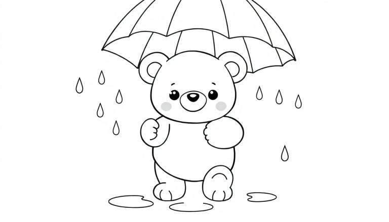 Placa de color de un oso de peluche dibujado a mano bajo la lluvia con un paraguas.